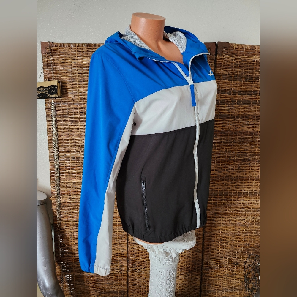 Blue White Sporty Hollister Reflector Hooded Zip Pockets Windbreaker Jacket Sz S